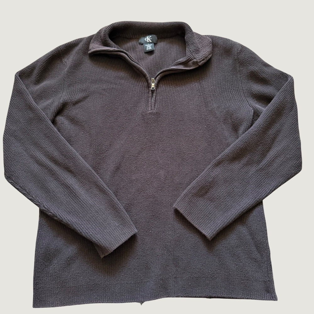 Calvin Klein Mens Brown 100% Cotton Ribbed Quarter Zip Sweater Large Mock Neck